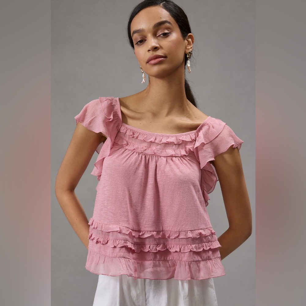 NWT Anthropologie Ruffled Flutter-Sleeve Top — Pink — Size L
